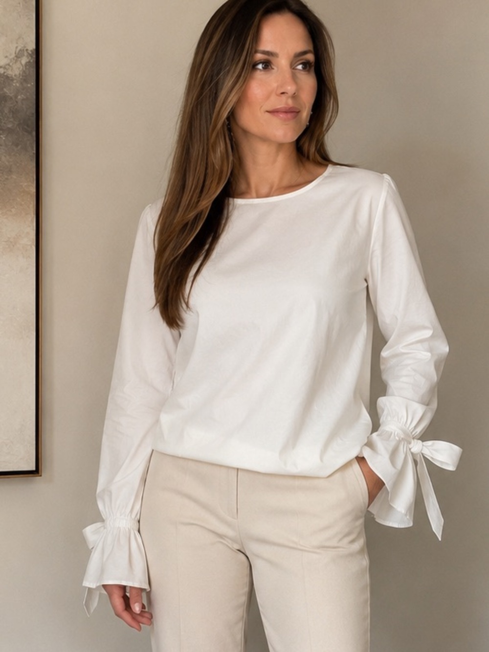 White Blouse With Ribboned Cuff By HighLine Collective Size S